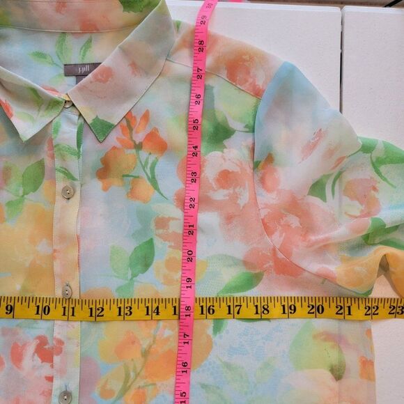 J.Jill Sheer Floral Button Front Blouse Womens M Colorful Long Sleeves Spring - Picture 12 of 13